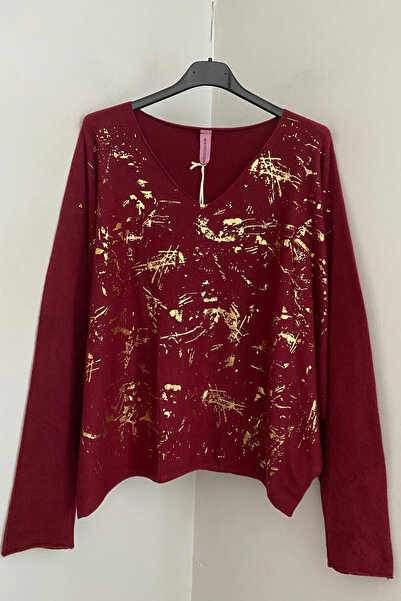 AYASOFYA OTANTIK Γυναικεία ιταλική μπλούζα με χρυσόχρωμο μοτίβο με βούρτσα με...