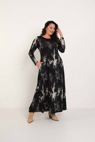 Truva XXL Timeless Black and White Patterned Maxi Dress - Stretch Fabric Women's Long Sleeve