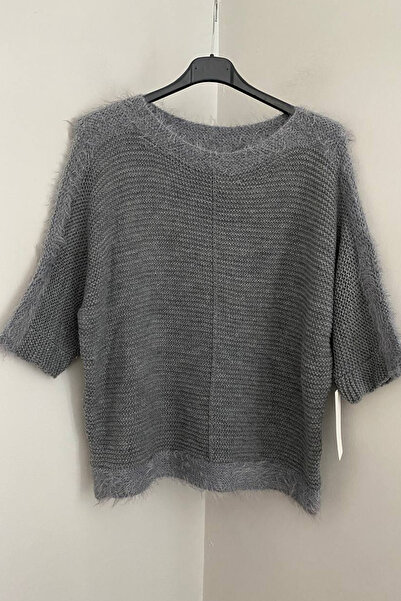 AYASOFYA OTANTIK Γυναικείο πουλόβερ με γκρι ιταλικό στρογγυλό λαιμόκοψη με λεπτομέρεια με κρόσσια με μανίκια τριών τετάρτων και γενειοφόρο μπλουζάκι