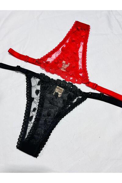 mendoza store Heart Red and Black Color Lace Thong Panties 2 Pcs