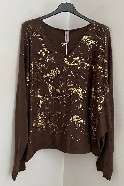 AYASOFYA OTANTIK Γυναικεία ιταλική καφέ μπλούζα με λαιμόκοψη σε σχήμα V με μο...