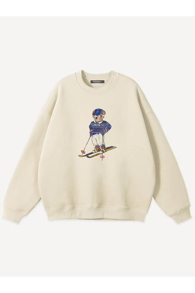 Mad&Calf Unisex Teddy Skier Printed Crew Neck Oversized Sweatshirt