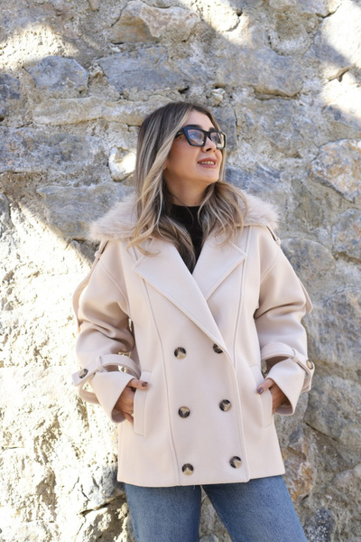 bytugcekaya Cream Standard Size Collar Fur Detailed Cashmere Jacket