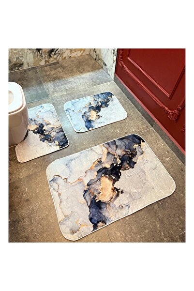 OPTIM DEKO Set covorașe baie 3 piese, antiderapante 100x60, 60x50, 40x60, albastru/auriu