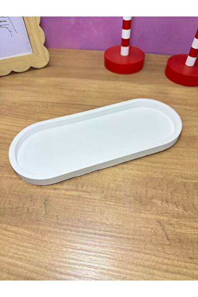 Lumaria Studio Decorative Oval Plate - Coaster 21*8 cm – White Color Concrete Plaster Mixed Tray |   Candle Holder & Jewelry Stand