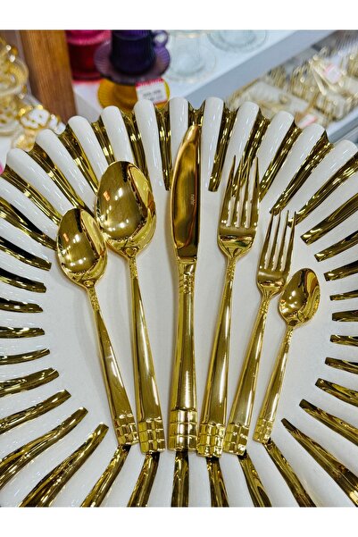 EVRA Nehir 12 Kişilik 72 Parça Didim Altın Titanyum Çatal Kaşık Bıçak Takımı ...