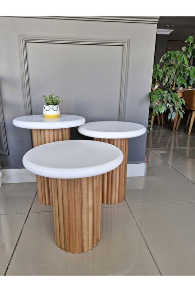 Aura Wood Mantar 3’lü Zigon Sehpa Fitilli Beyaz-Naturel 42 cm