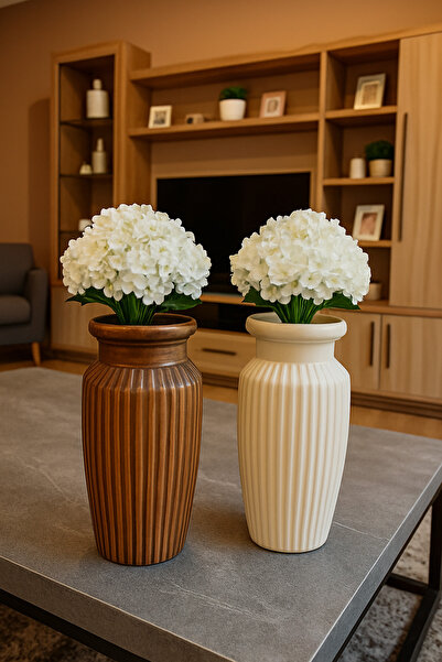 PAPİSAHOME 2’li Seramik Dekoratif Vazo Seti 20 Cm – Ahşap ve Krem Renk – Mode...