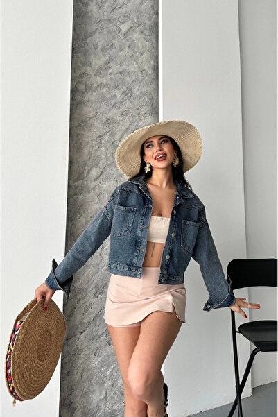 ZENGEZUR MALL Nrzsnt Double Pocket Sleeve Folded Snow Wash Crop Denim Jacket Coffee Tint D2000 Blue (224227) (Size: S