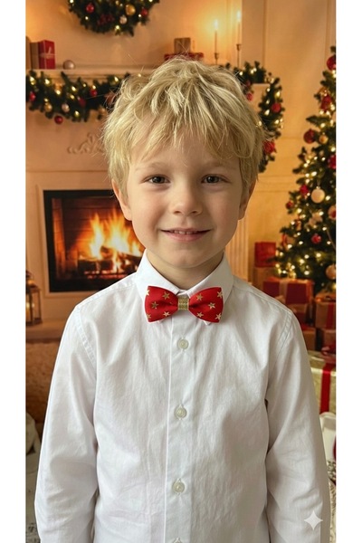 MeloKids Red Star Patterned Christmas Themed Ribbon Men's Bow Tie