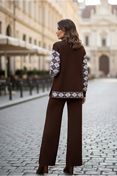 YusGos Women's Clover Patterned Top and Bottom Pants Sweater Knitwear Set