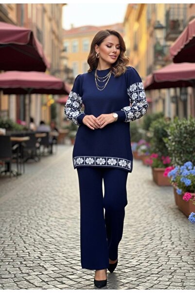 YusGos Women's Clover Patterned Top and Bottom Pants Sweater Knitwear Set