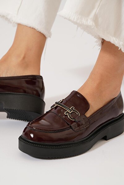 Moda Pie Loden Front Buckle Women's Loafer Ballet Flats Burgundy Patent Leather