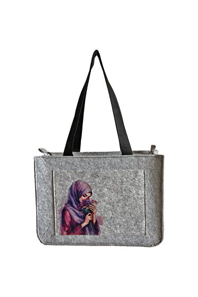 dilekolay Medium Shoulder Bag - Printed Felt Bag - Purple Dreams - 35X25 cm