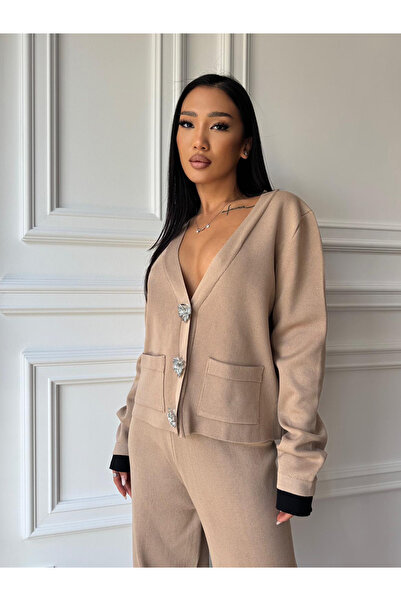 CC STORE Compleu bej, lung din două piese MELISA, bluză cu nasturi decorativi și pantaloni lejeri