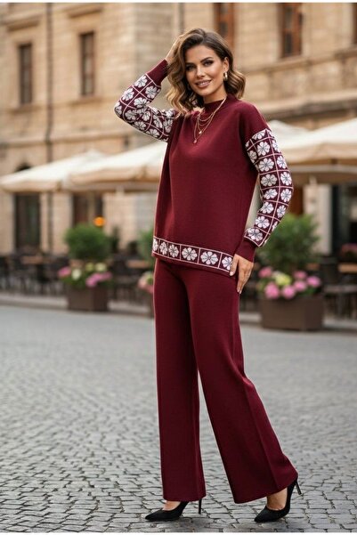 YusGos Women's Clover Patterned Top and Bottom Pants Sweater Knitwear Set