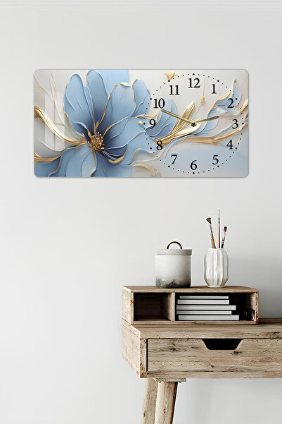 kutuTR 3D Görünümlü Temperli Cam Saat Tablo – Mavi Çiçek Desenli Duvar Süsü UV Baskı – 60x30 cm-YSG051