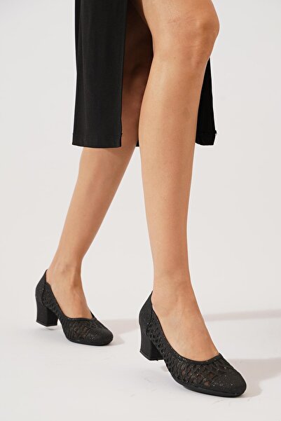 Moda Pie Muhriye Laser Glitter Mesh Women's Heeled Shoes Black Glitter