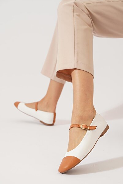 Moda Pie Retan Double Color Belted Women's Genuine Leather Ballerinas White Skin