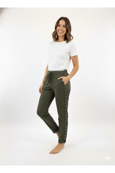 CELTMODA Women's Lace-Up Full Stretch Fabric Staple Detail Italian Trousers - Green