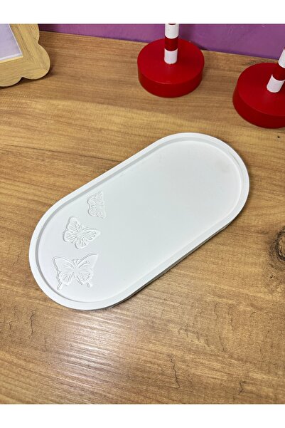 Lumaria Studio Decorative Oval Plate with Butterfly Detail 21X10 cm – White Color Plaster Tray |   Candle Holder & Jewelry Stand