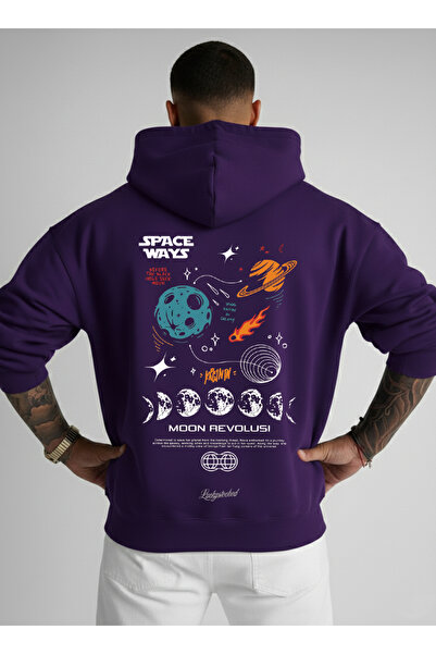 LORVEX Hanorac cu glugă oversize unisex 100% bumbac SPACE WAYS imprimat