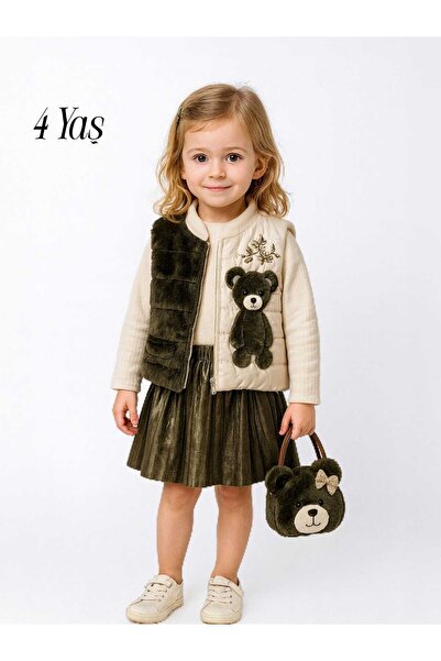 KATIA ✅ Teddy Bear Girl's Set – Furry Vest + Shiny Skirt + Bag (3–6 Years)