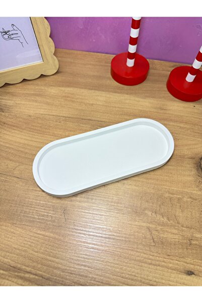 Lumaria Studio Decorative Oval Plate - Coaster 21*8 cm – White Color Concrete Plaster Mixed Tray |   Candle Holder & Jewelry Stand