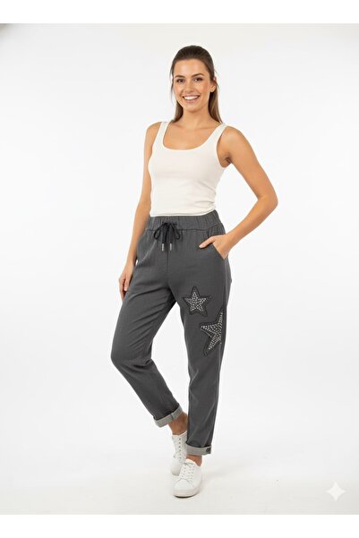 CELTMODA Women's Lace-Up Full Stretch Fabric Sequin Star Embroidered Italian Trousers - Gray