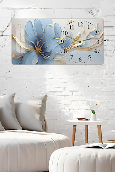 kutuTR 3D Görünümlü Temperli Cam Saat Tablo – Mavi Çiçek Desenli Duvar Süsü UV Baskı – 60x30 cm-YSG051