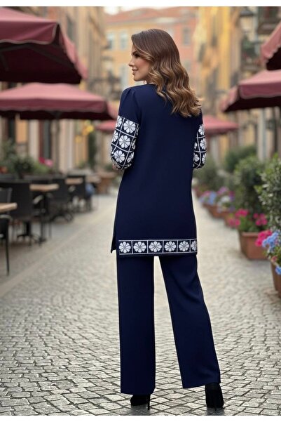 YusGos Women's Clover Patterned Top and Bottom Pants Sweater Knitwear Set