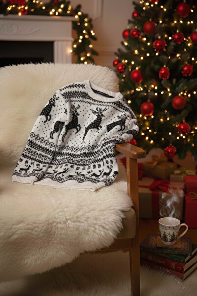 A&O Style Unisex White Regular Fit Crew Neck Christmas Deer Themed Knitwear Sweater
