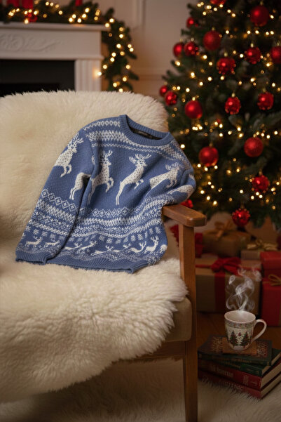 A&O Style Unisex Indigo Regular Fit Crew Neck Christmas Deer Themed Knitwear Sweater