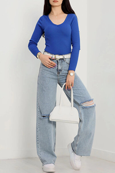 ZENGEZUR MALL Nrzsnt V-Neck Ribbed Knit Blouse Cobalt Blue A3699 (224134) (Size: m)