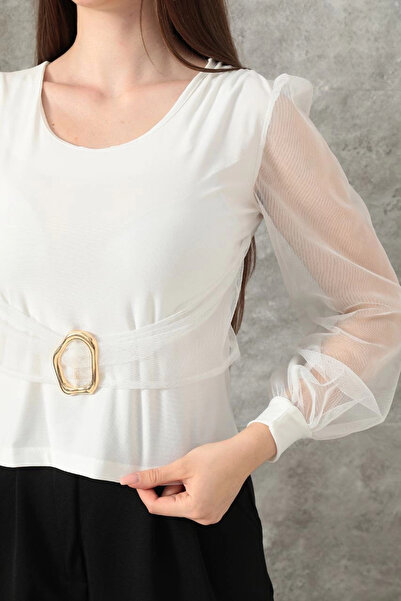 ZENGEZUR MALL Lvsqvr Blouse with Buckle and Tulle Sleeves White T4071 (232326) (Size: S)