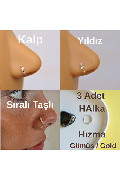 Heppii 3 Adet 925 Ayar Gümüş HAlka Burun Hızma Seti – Mini Kalpli, Mini Yıldı...
