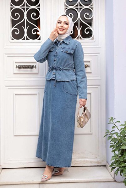 N.S NEVA STYLE Dark Blue Hijab Denim Dress Double Suit 44652Km
