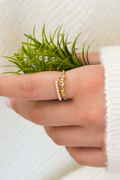 TREND COLLECTİON Gold İnci ve Taş Detaylı Ayarlanabilir Zarif Yüzük