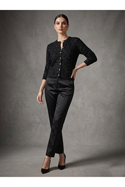 Qoolest Kadın Yünlü Siyah Işıltılı Payetli Bisiklet Yaka Metal Düğmeli Örgü Desenli Triko Hırka