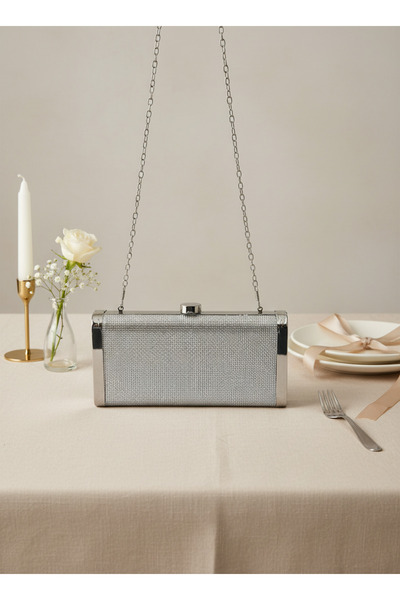 Biçanta Silver Gray Lame Full Crystal Stone and Metal Frame and Evening Dress Bag Wedding Engagement Graduation