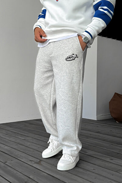 THE RULE Stüssy Curved Printed Baggy 3 Thread Ş Fleece-Lined Loose Fit Straight Leg Gray Sweatpants Rf0556