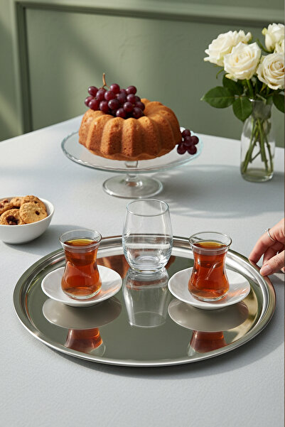 KHAKMA Steel Presentation Tray 27 cm – Round Polished Serving Tray, Coffee/Tea Treats