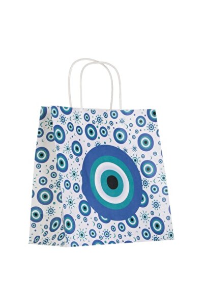 OEM Pungă cadou kraft albă și albastră cu model de ochi 26x12x26 cm