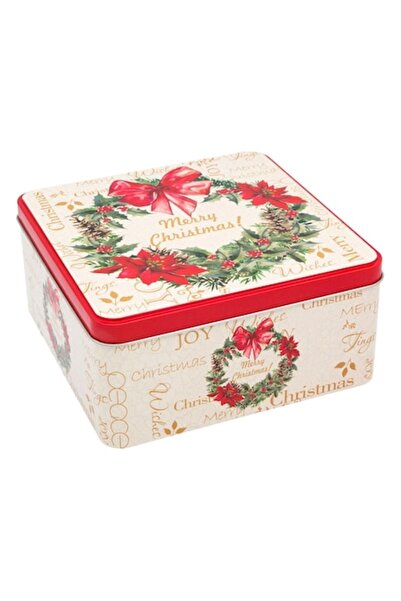 OEM Ecru Square Metal Christmas Box with Wreath 17.7x17.7x8.5 cm