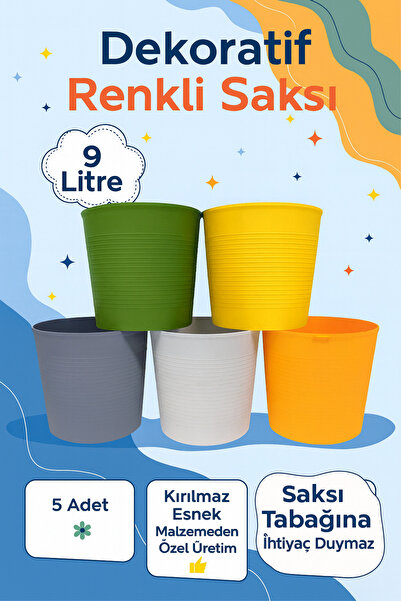 Plant Home Power Mix 5’li 9 Litre Renkli Kırılmaz Saksı Seti + 1 Litre Sulama...