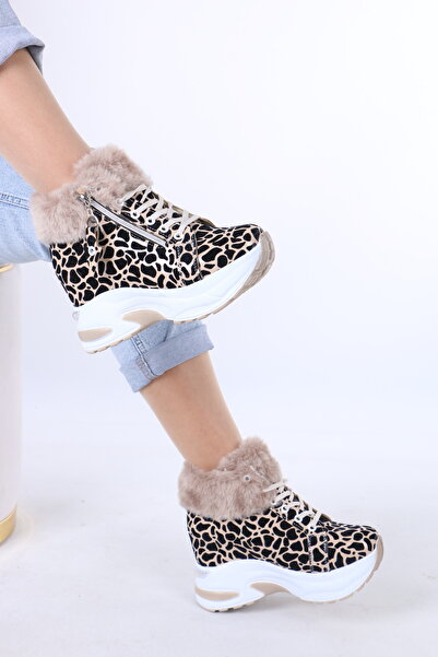 lolyvibe حذاء شتوي نسائي منقوش بنمط الفهد باللون البيج مبطن بالقطيفة من DNR –...