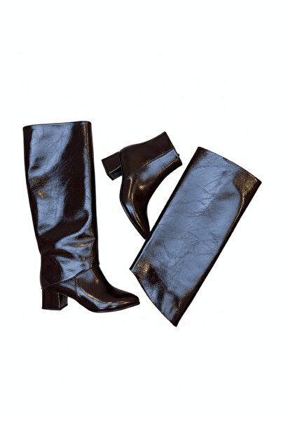 DİVOLYA Lash Brown Patent Leather Slip-On Boots (5 cm Heel Height) Daily Use Boots and Boots