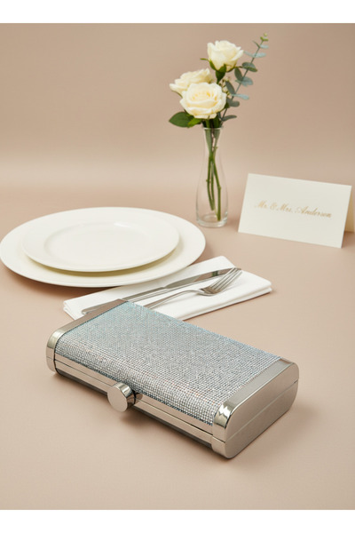 Biçanta Silver Gray Lame Full Crystal Stone and Metal Frame and Evening Dress Bag Wedding Engagement Graduation