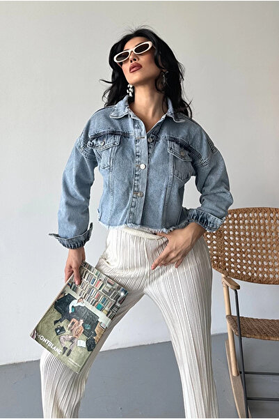 ZENGEZUR MALL Nrzsnt Double Cap Tassels Crop Ice Blue D2002 (233041) (Size: S)