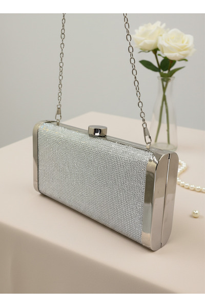 Biçanta Silver Gray Lame Full Crystal Stone and Metal Frame and Evening Dress Bag Wedding Engagement Graduation